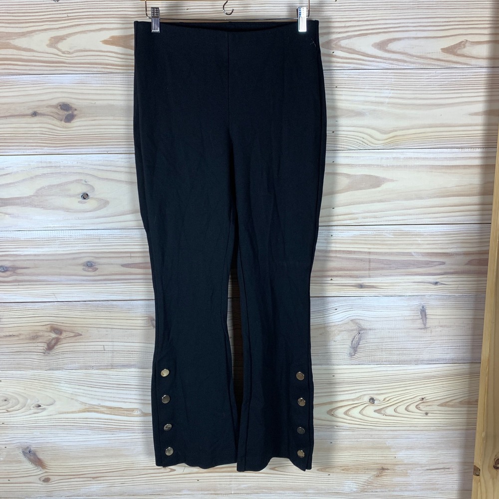 Harve Benard Pants Womens Large Black Flare Gold Button Split Hem Stretch Office